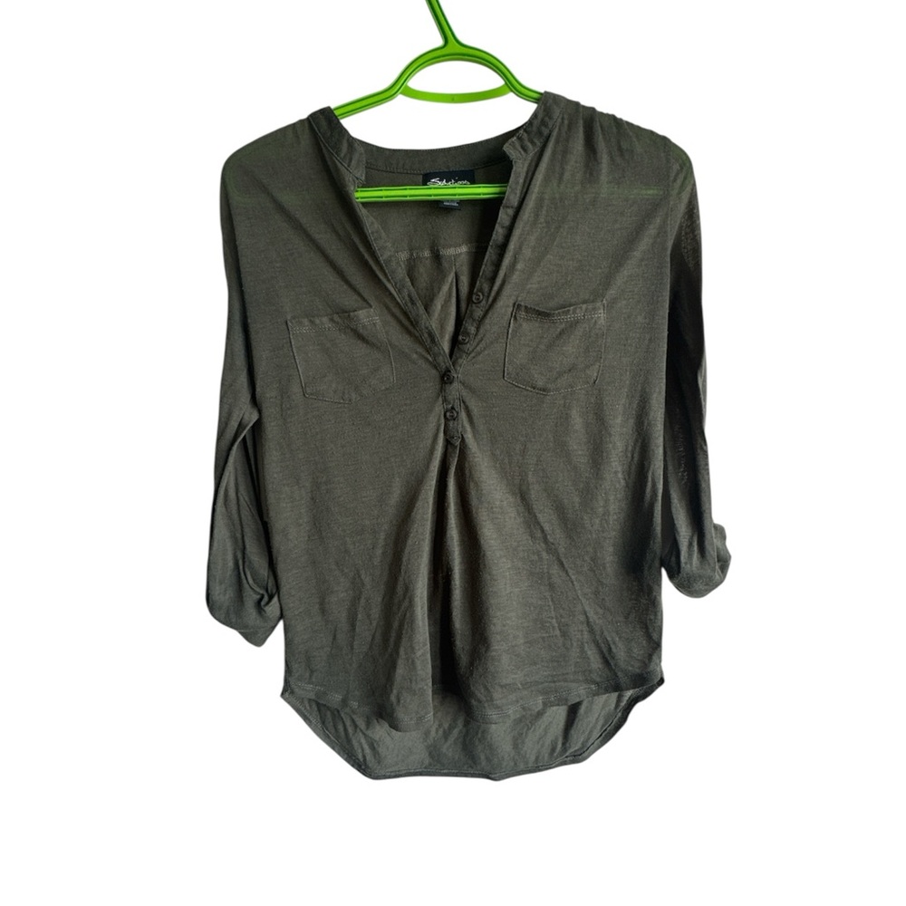 SEDUCTIONS Women’s Y2K Olive Green Thin Sheer Long Sleeve Roll Tab Shirt Sz XS